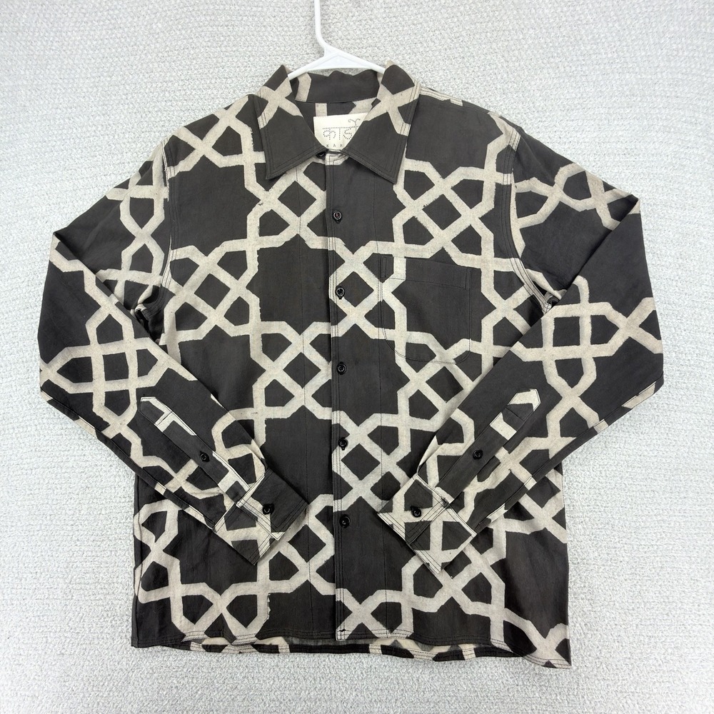 Kardo Shirt Mens Small Brown Geometric Long Sleeve Button Up Handmade India
